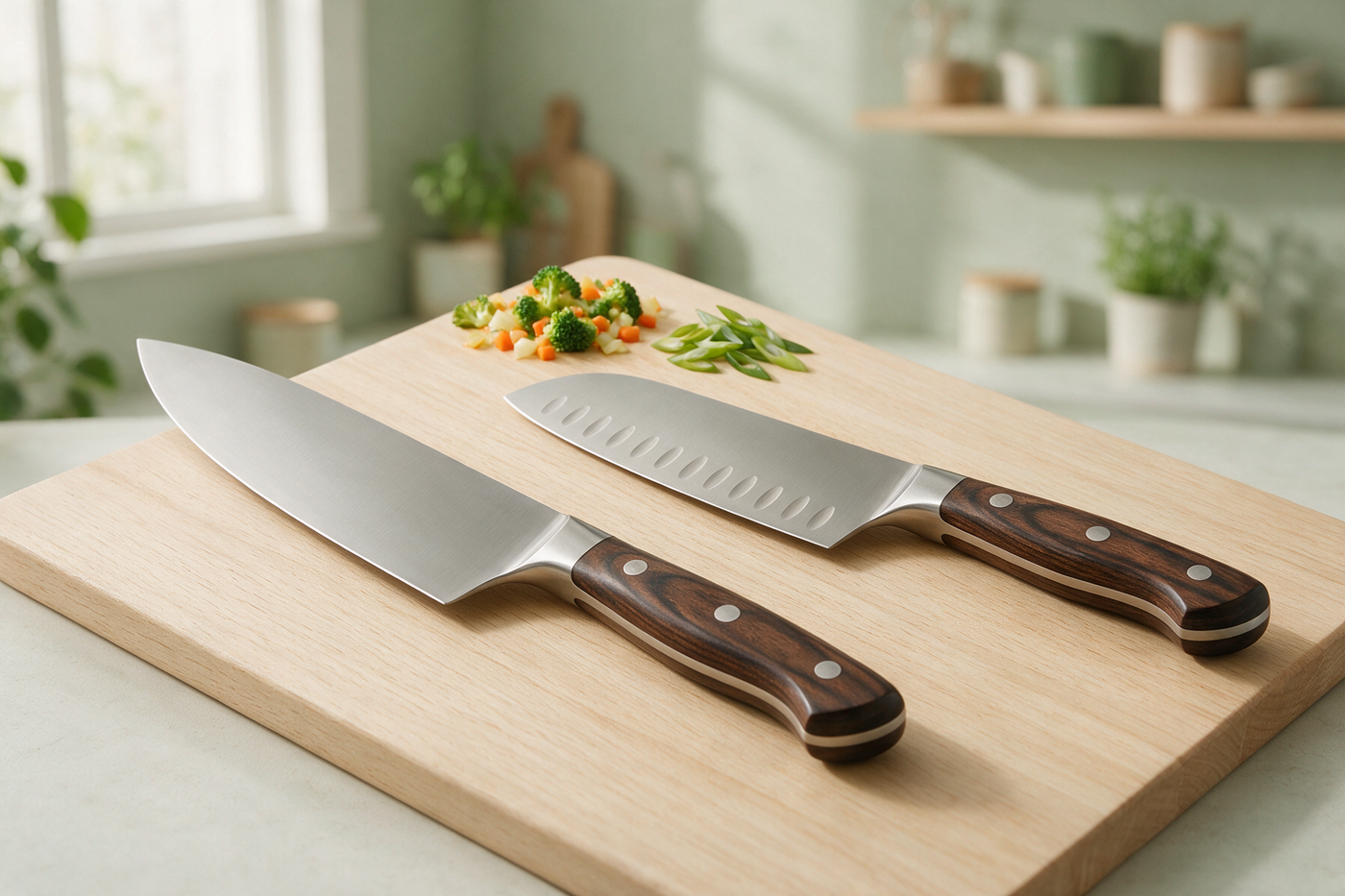 Chef knife and santoku placed side by side on a bamboo cutting board