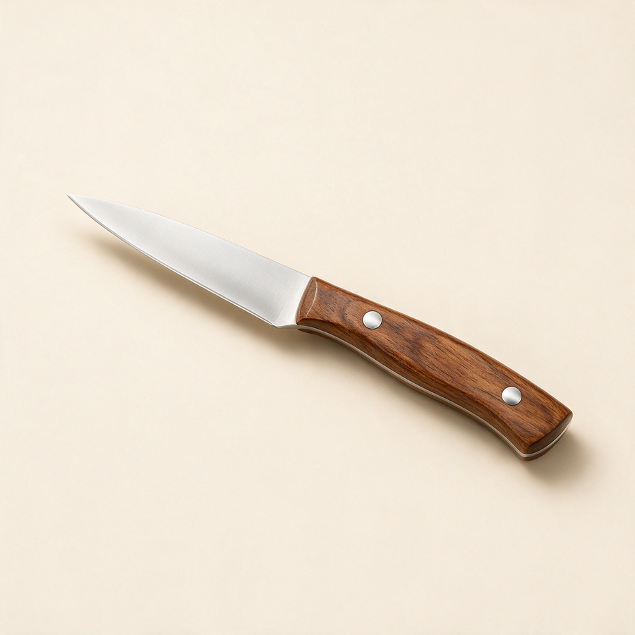 Single 9 cm paring knife with satin stainless-steel blade and walnut-stained handle