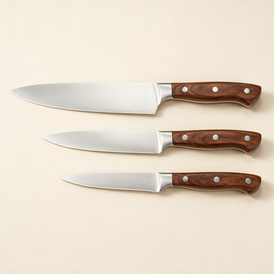Exactly three stainless-steel kitchen knives with matching walnut-stained handles