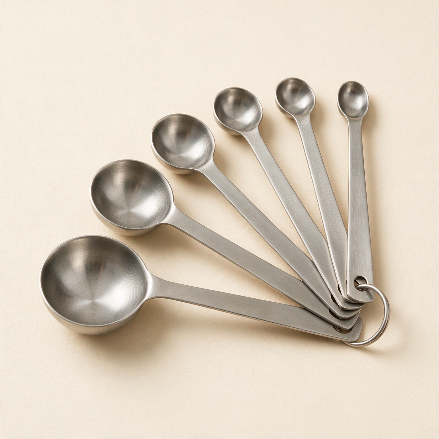 Exactly six brushed stainless-steel measuring spoons on a removable ring