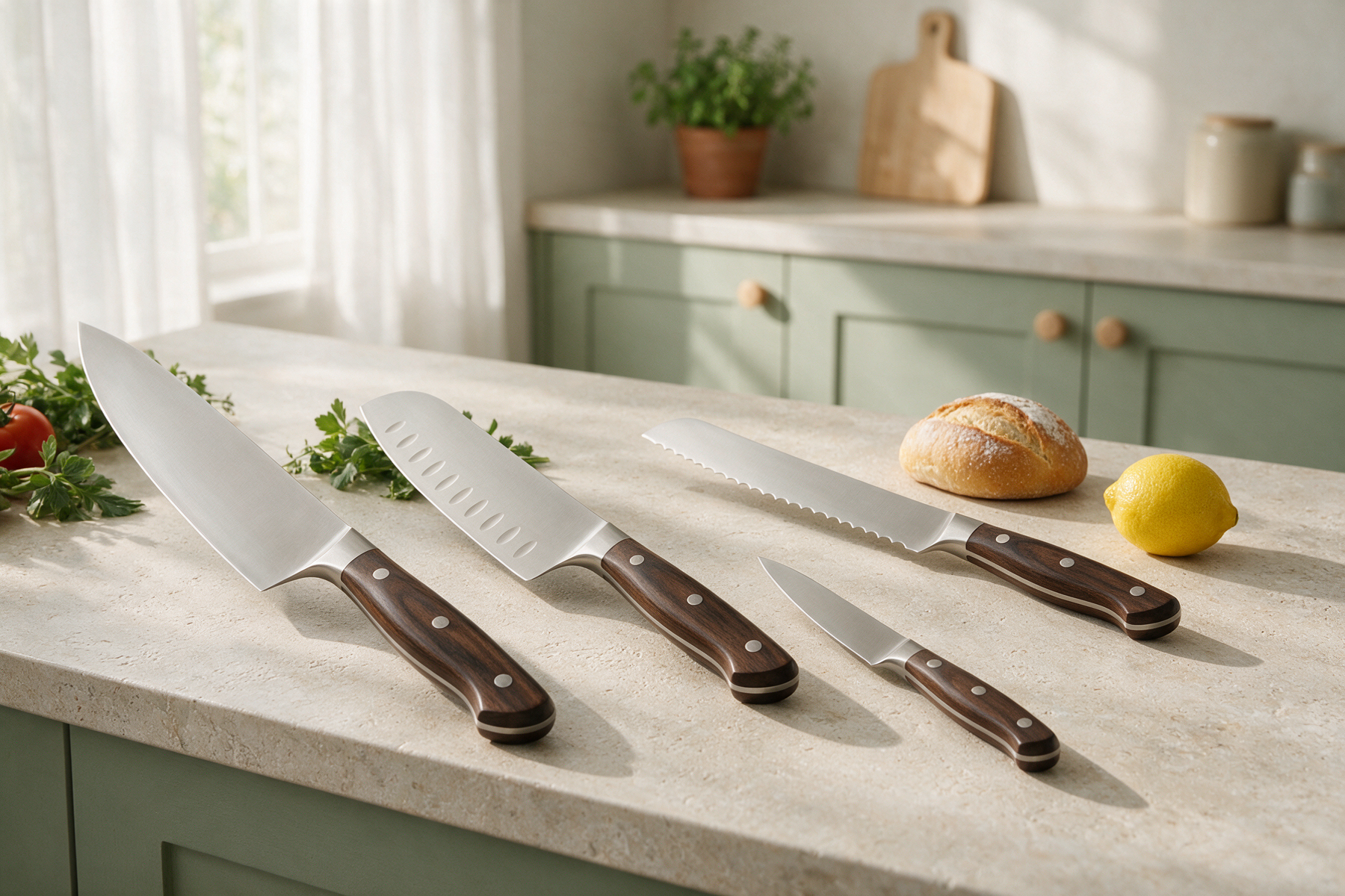 Four kitchen knives arranged for different everyday cutting tasks