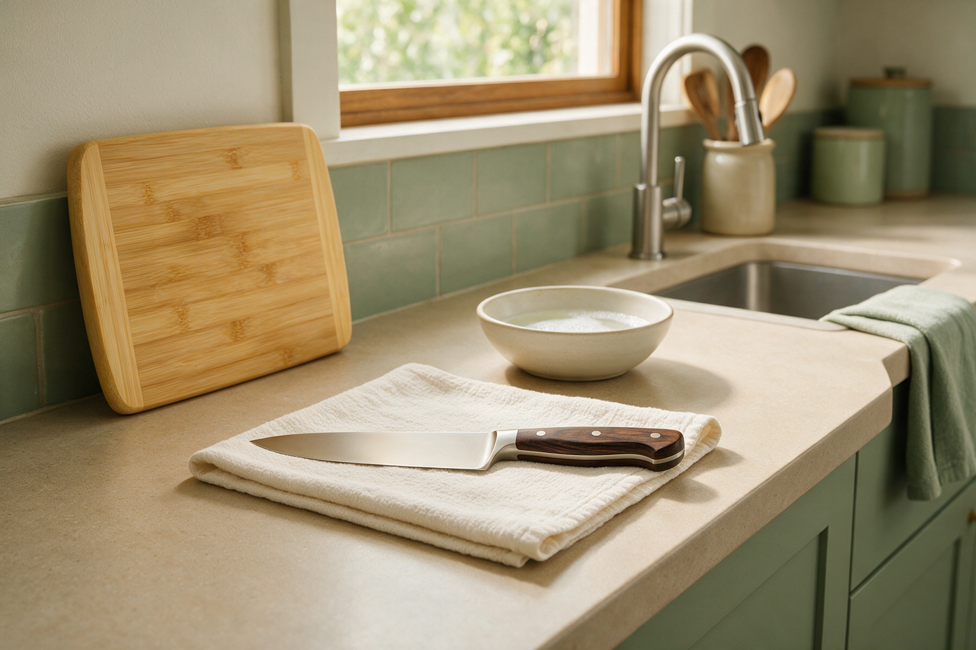 Single chef knife drying on a clean cotton cloth beside a bamboo cutting board