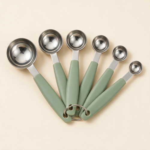 Exactly six measuring spoons with sage handles and stainless-steel bowls