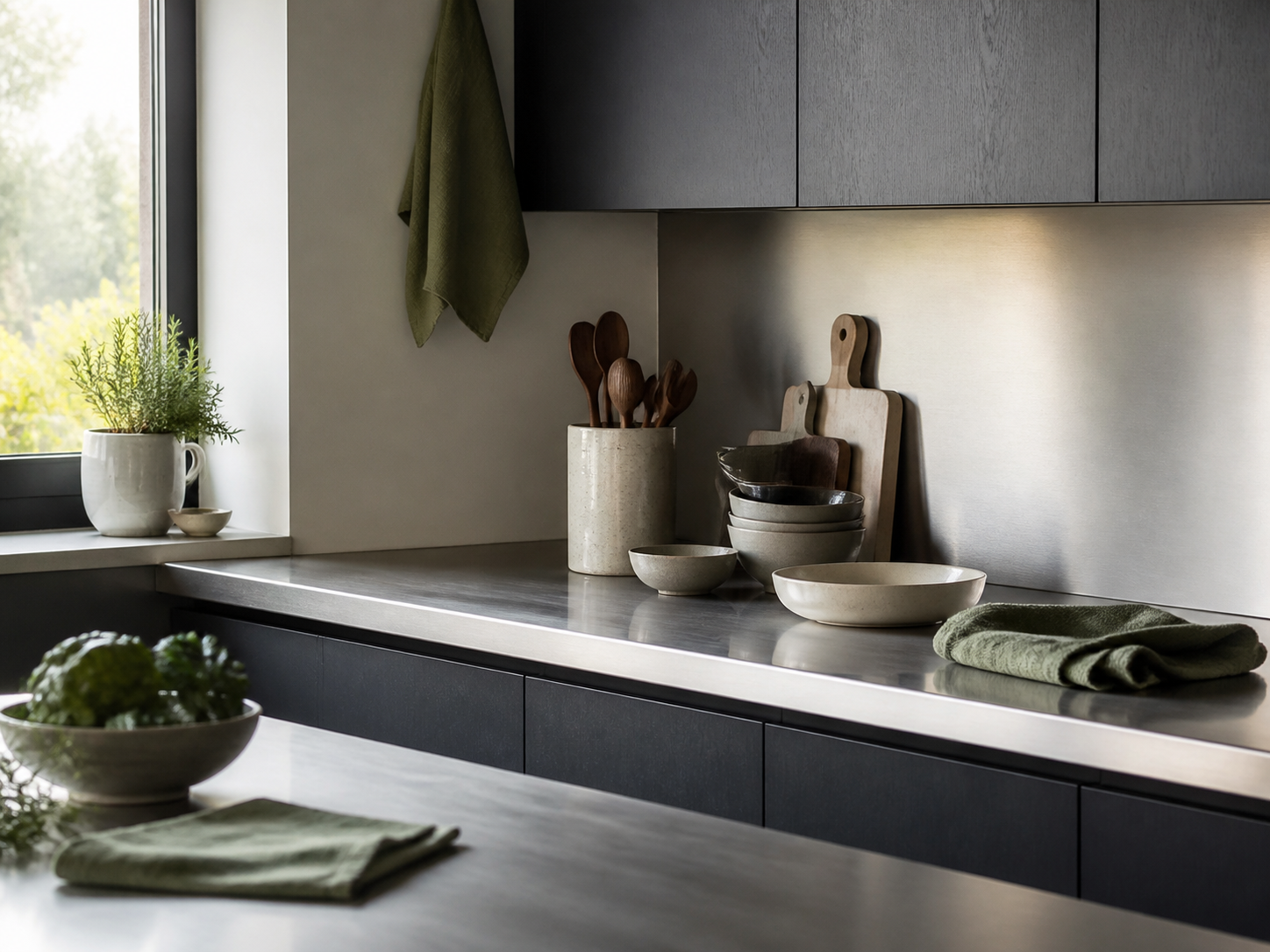 Calm organised kitchen benchtop in charcoal, steel and sage