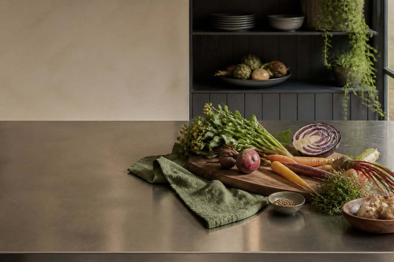 Seasonal vegetables arranged on a warm Australian kitchen benchtop