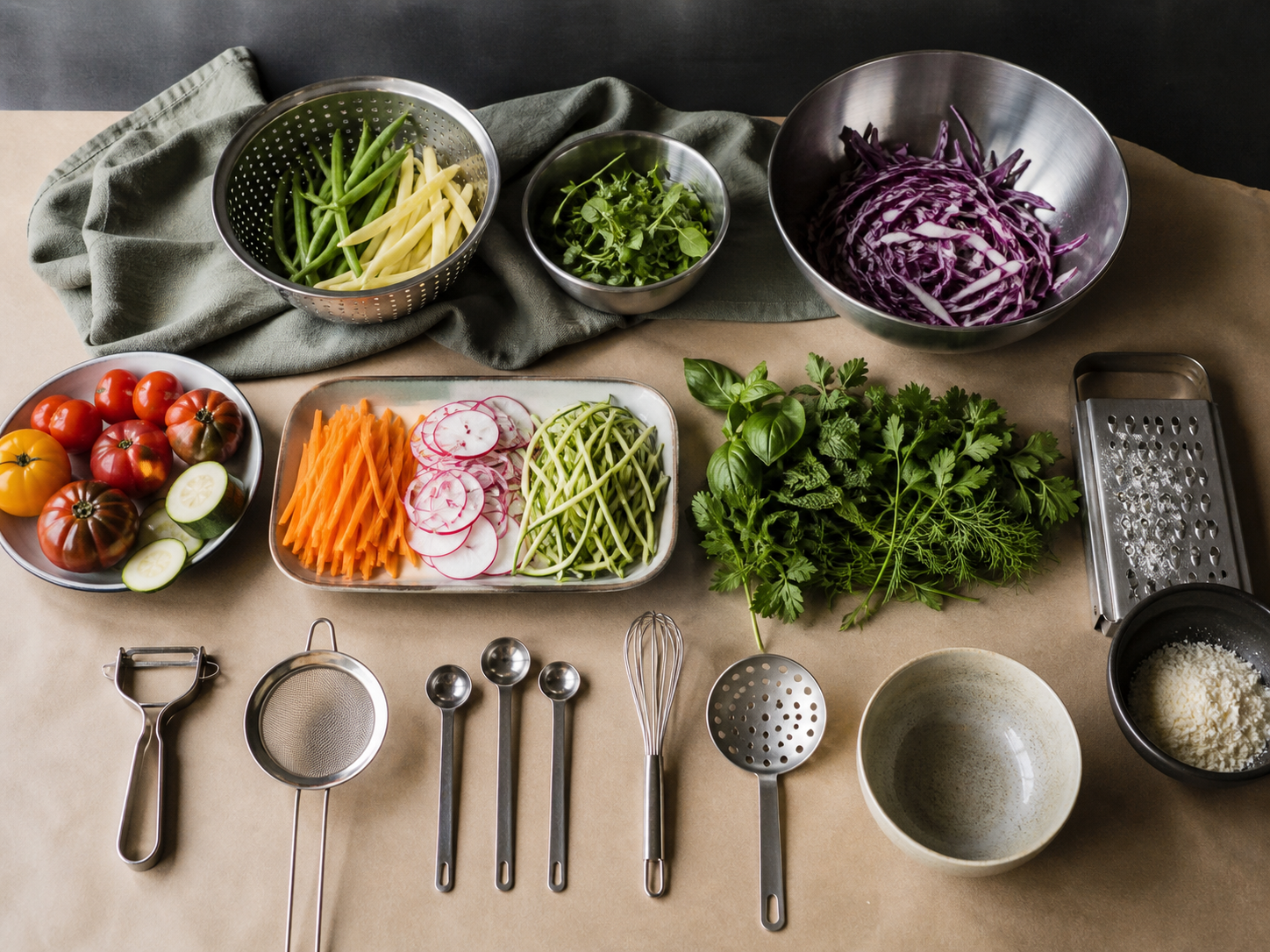 Prepared vegetables and unbranded kitchen tools arranged by task