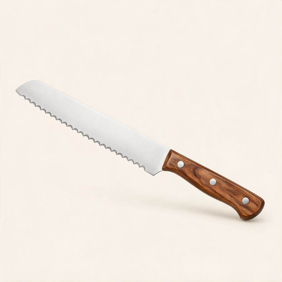 Single 8-inch bread knife with scalloped serrated blade and walnut-stained handle