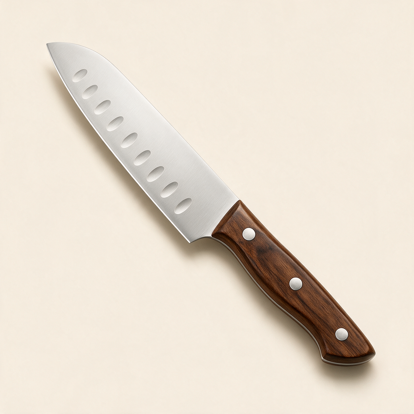 Single 7-inch santoku knife with satin stainless-steel blade and walnut-stained handle
