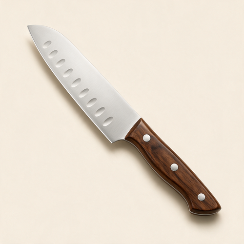 Single 7-inch santoku knife with satin stainless-steel blade and walnut-stained handle